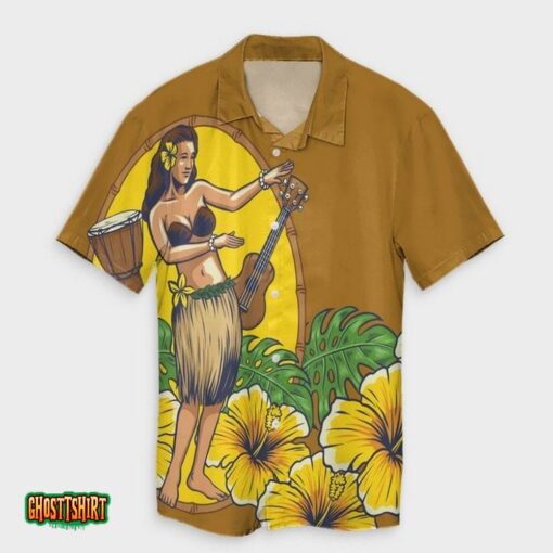 Hula Girl Monstera Hibiscus Polynesian Brown Aloha Hawaiian Shirt