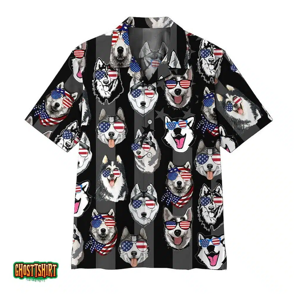 Husky American Flag Aloha Hawaiian Shirt