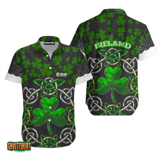 Irish Saint Patricks Day Shamrock Celtic Cross Clover Pattern Green And Black Hawaii Shirt