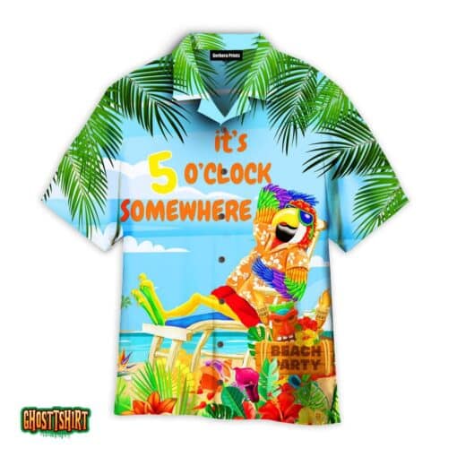 It’s 5 O’clock Somewhere Parrot Blue And Rainbow Colors Aloha Hawaiian Shirt