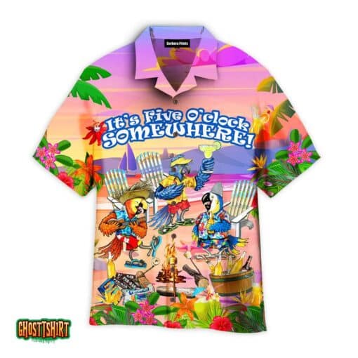 It’s 5 O’clock Somewhere Parrot Party With Beer On The Beach Colorful Aloha Hawaiian Shirt