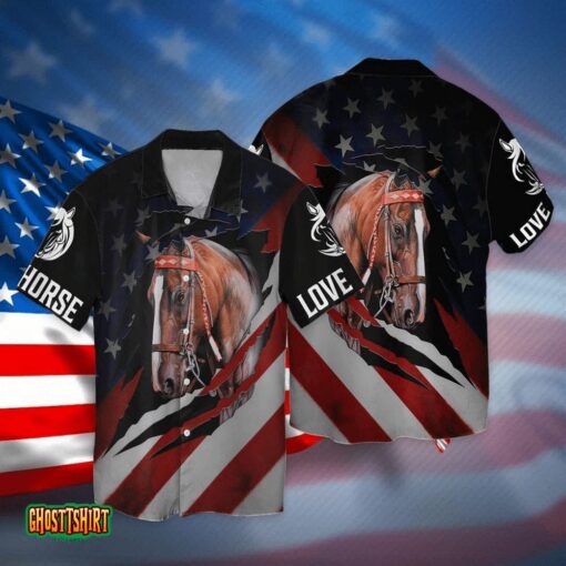 Kentucky Derby 4th Of July Independence Day Love Horse American Flag Black Aloha Hawaiian Shirt