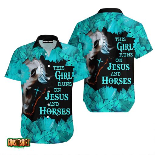 Kentucky Derby This Girl Runs On Jesus And Horses Blue Aloha Hawaiian Shirt