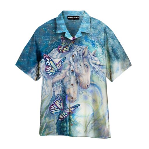 Kentucky Derby White Horse Blue Aloha Hawaiian Shirt
