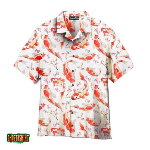 Koi Fish And Cherry Blossom White Aloha Hawaiian Shirt
