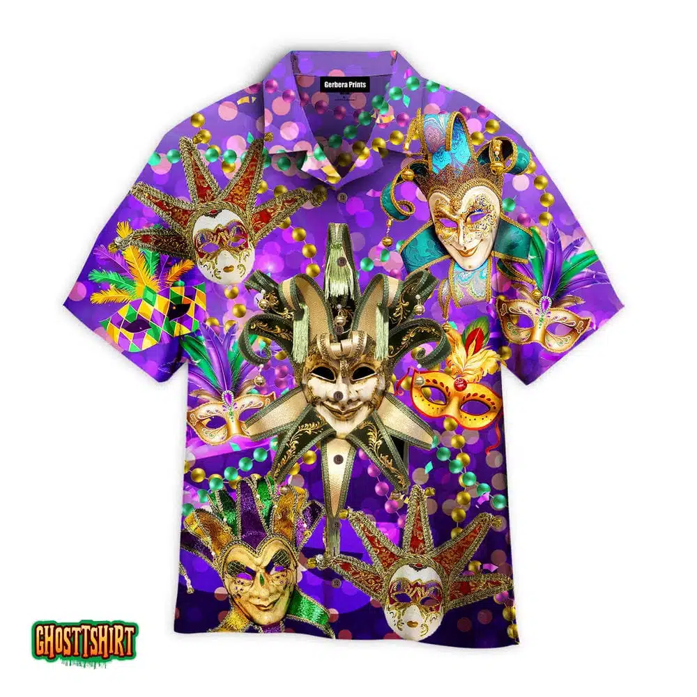 Leprechaun Mardi Gras Maschera Mask Violet Aloha Hawaiian Shirt
