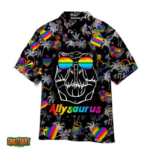 LGBT Dinosaur Allysaurus Palm Leaves Pattern Black Aloha Hawaiian Shirt