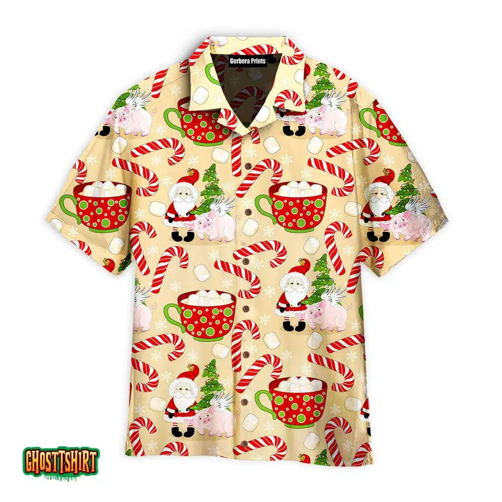 Magical Christmas Pig With Santa Pattern Pink Aloha Hawaiian Shirt