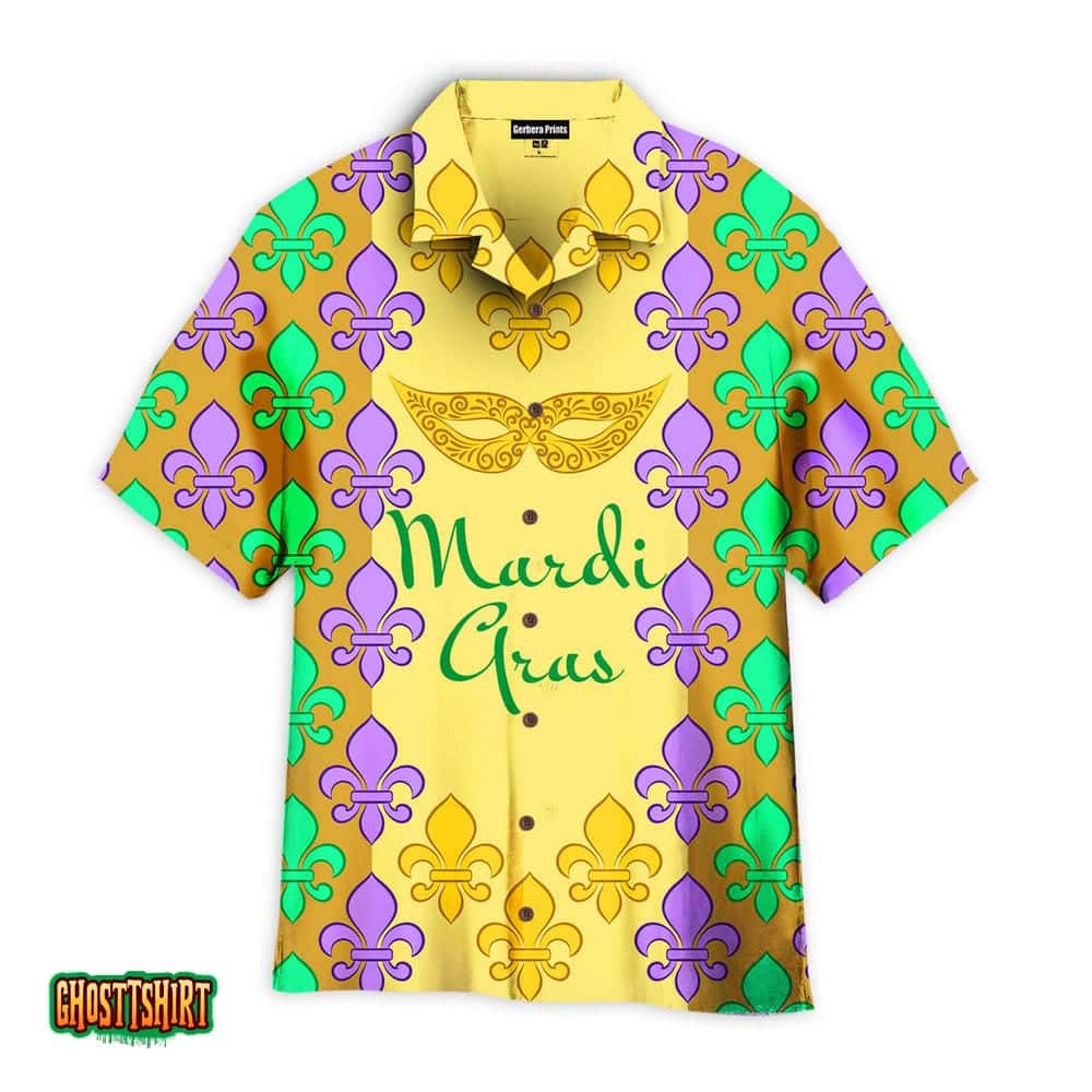 Mardi Gras Masquerade Mask Pattern Yellow And Green Aloha Hawaiian Shirt