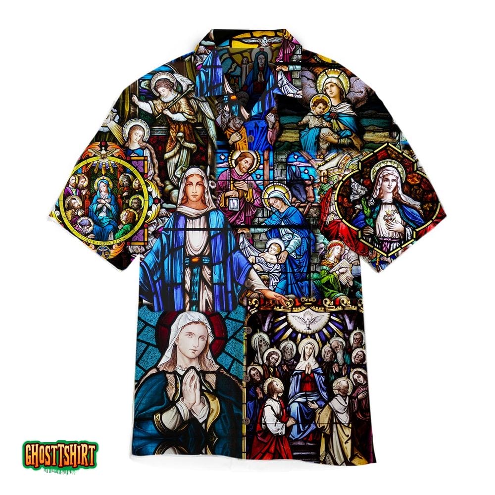 Mary's Coronation Religious Stained Glass Jesus Aloha Hawaiian Shirt