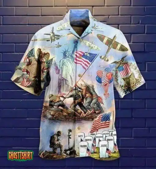 Memorial American Veterans Blue Aloha Hawaiian Shirt