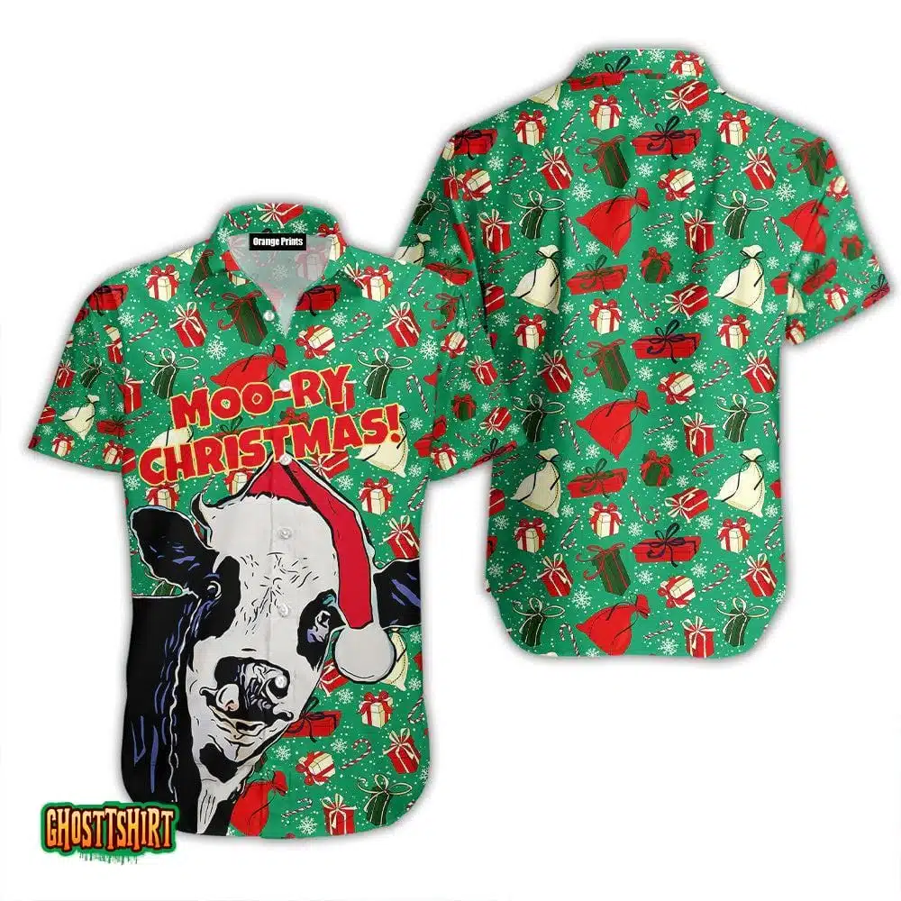 Moory Christmas Funny Xmas Cow Aloha Hawaiian Shirt