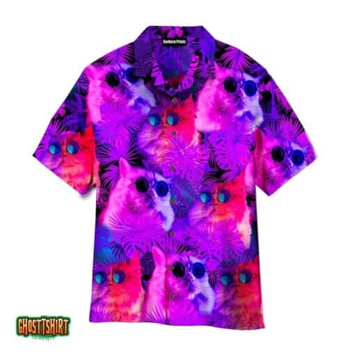 Neon Cat With Tropical Palm Leaves Pattern Aloha Hawaiian Shirt