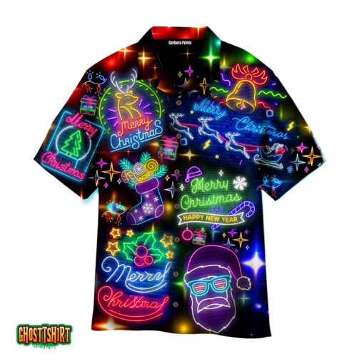 Neon Merry Christmas And Happy New Year Colorful Lights Aloha Hawaiian Shirt