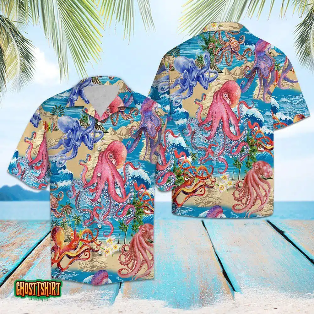 Octopus Beach Summer Vacation Blue Aloha Hawaiian Shirt