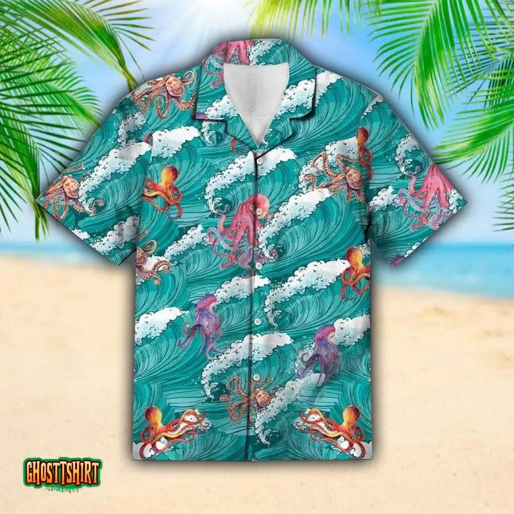 Octopus Sea Waves Pattern Summer Vibe Blue Aloha Hawaiian Shirt