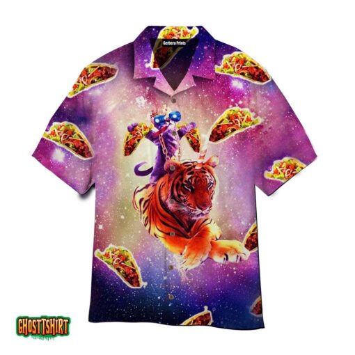 Outer Space Galaxy Funny Cat Pimp Daddy On Tiger Unicorn Flying Tacos Aloha Hawaiian Shirt