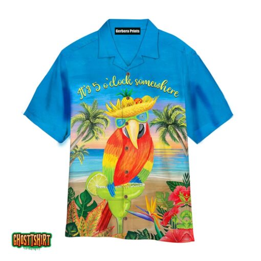 Parrot It’s 5 O’clock Somewhere Who Cares Cocktail Tropical Aloha Hawaiian Shirt