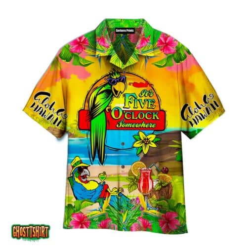 Parrot Tropical Flower It’s 5 O’clock Somewhere Yellow Aloha Hawaiian Shirt