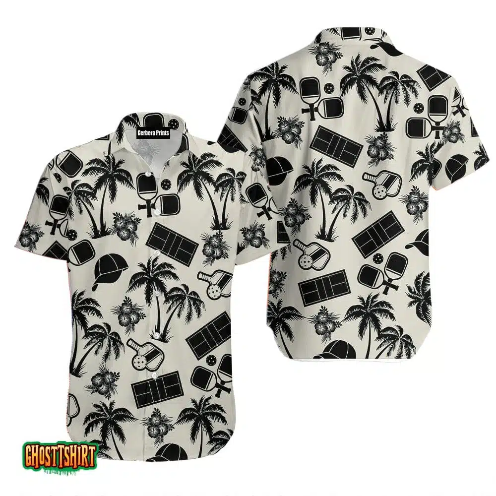 Pickleball Palm Trees Pattern Black And White Aloha Hawaiian Shirt