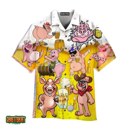 Pig America Drinking Beer Pink And White Aloha Hawaiian Shirt