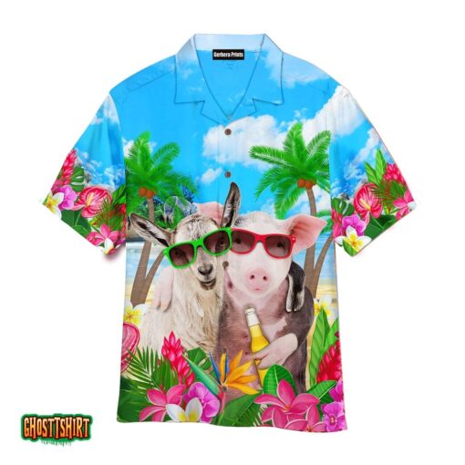 Pig And Goat In Sunglasses Hugging While Drinking Beer On The Beach Aloha Hawaiian Shirt