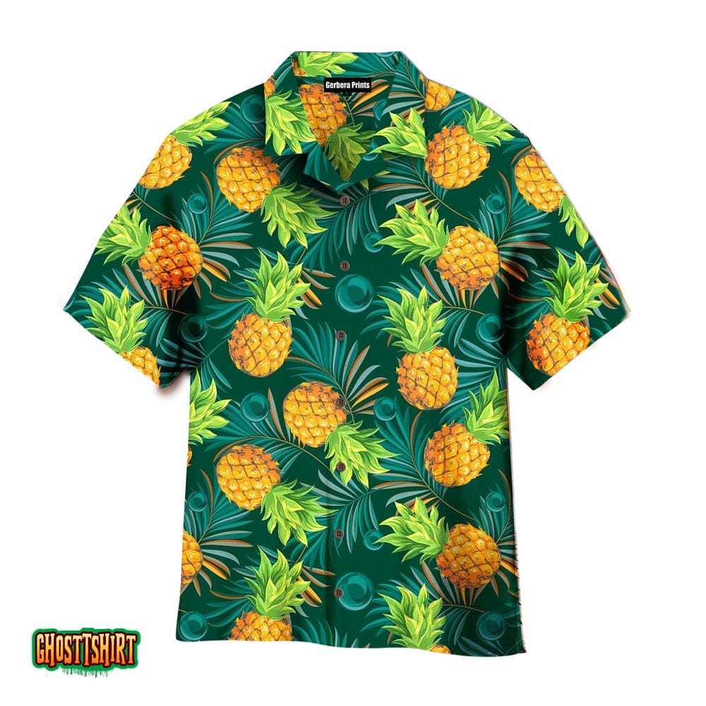 Pineapples With Palm Leaves Tropical Blue And Yellow Aloha Hawaiian Shirt