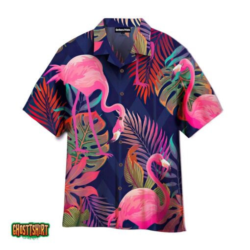 Pink Flamingo Tropical Palm Leaves Aloha Hawaiian Shirt