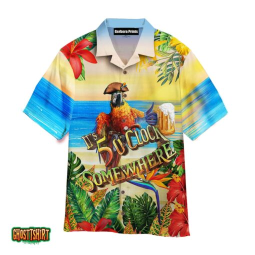 Pirate Parrot Drink Beer Tropical Flower It’s 5 O’clock Somewhere Aloha Hawaiian Shirt