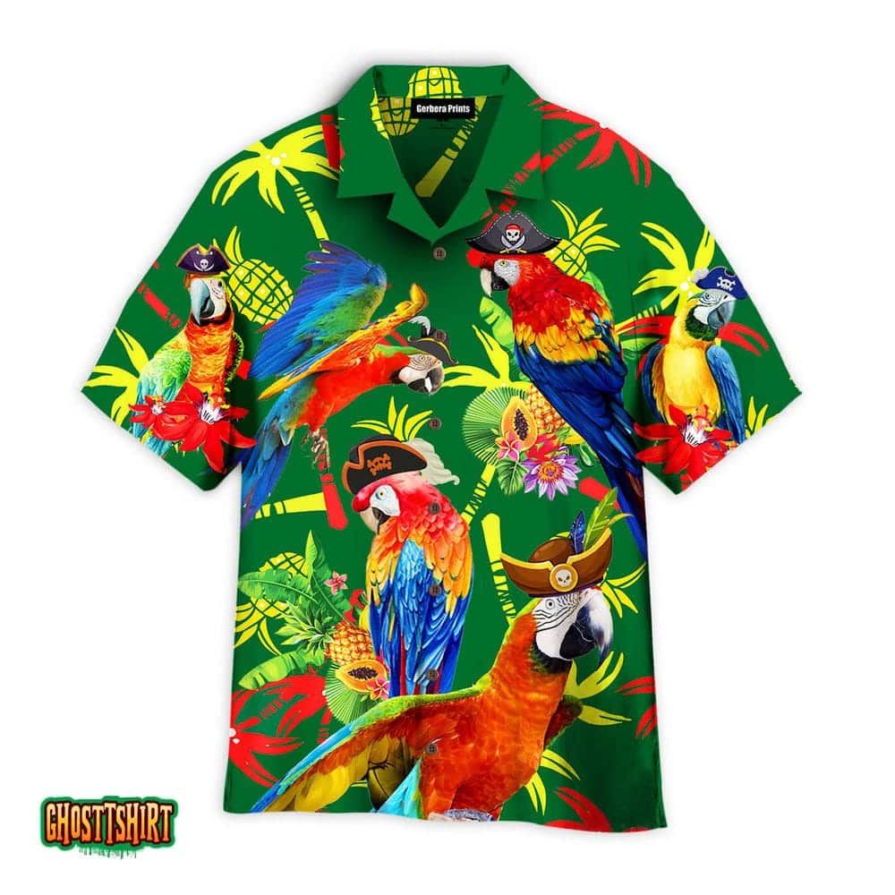 Pirate Parrots Tropical Green Aloha Hawaiian Shirt