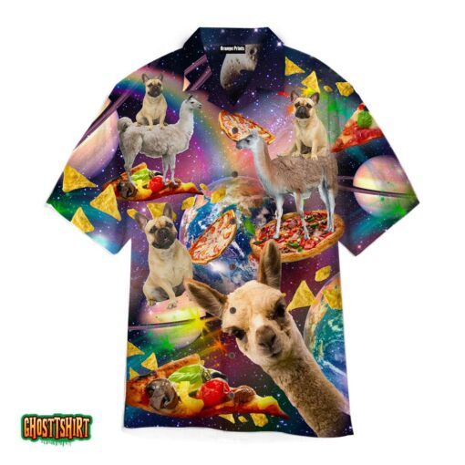 Pizza Cat Riding Llama On Galaxy Aloha Hawaiian Shirt