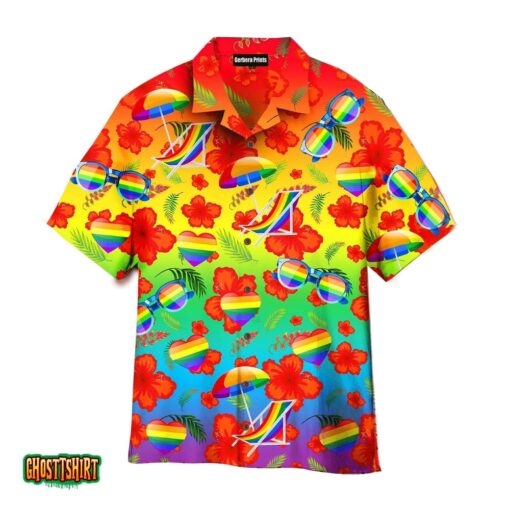 Pride Month Hibicus With LGBT Flag Tropical Rainbow Pattern Aloha Hawaiian Shirt
