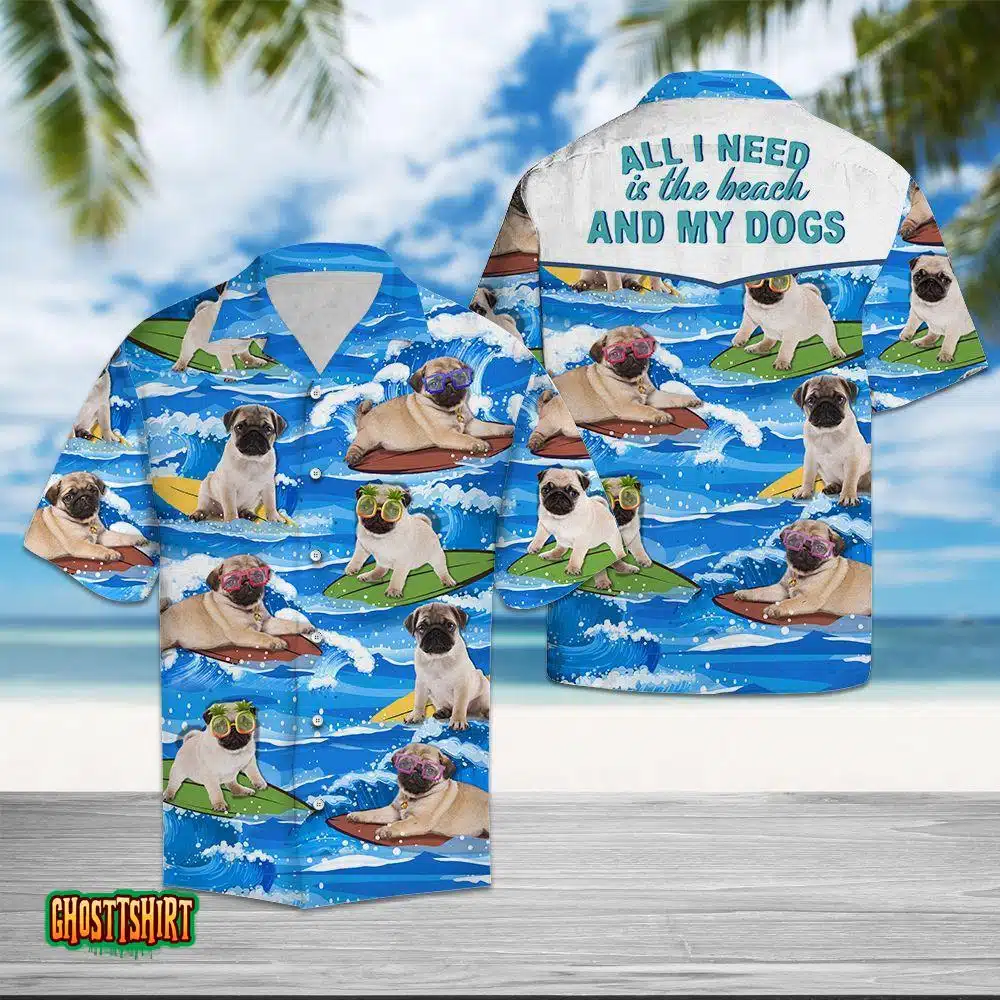Pug Beach And My Dogs Blue Aloha Hawaiian Shirt