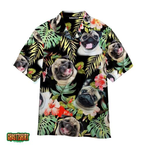 Pug Tropical Green Black Aloha Hawaiian Shirt