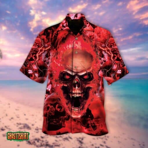 Red Flame Skull Halloween Aloha Hawaiian Shirt