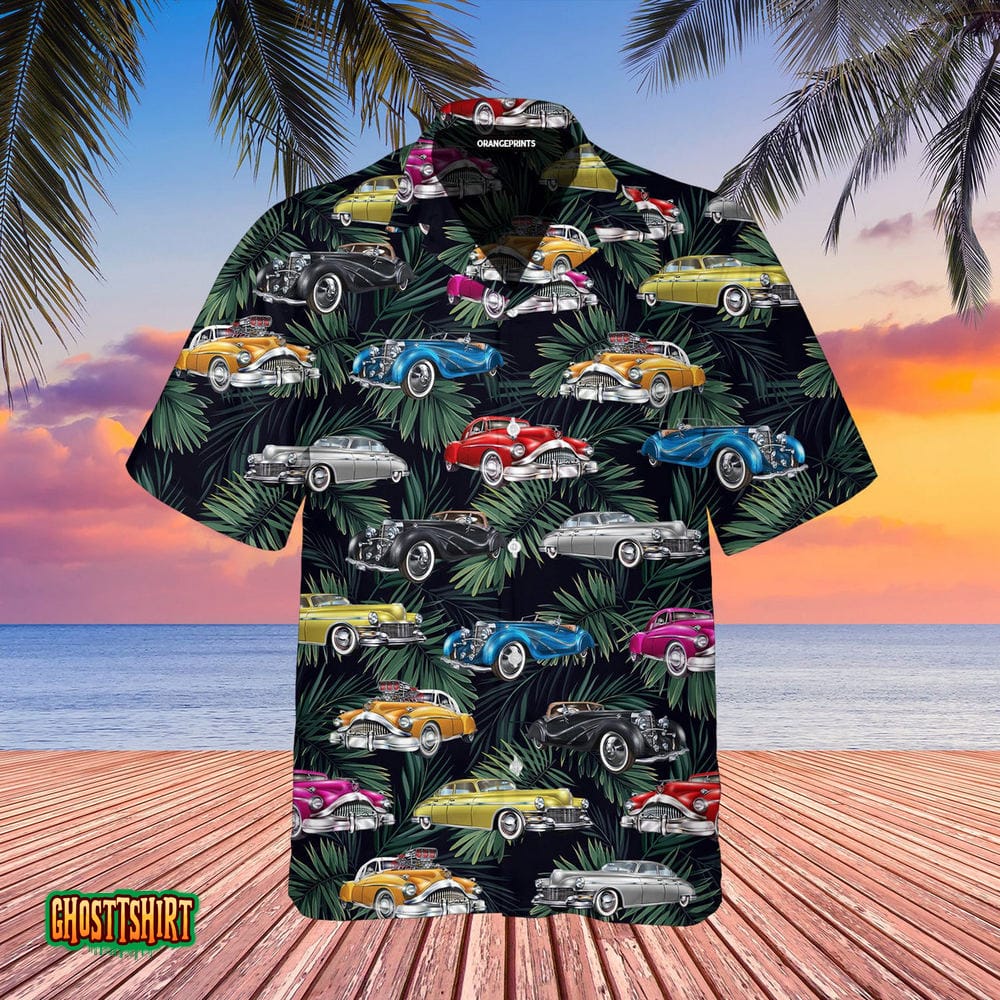 Retro Car Racing Green Leaf Aloha Hawaiian Shirt