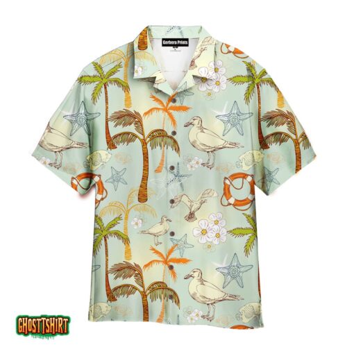 Retro Palm Tree On Beach White Aloha Hawaiian Shirt