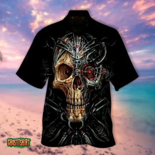 Robot Skull Pattern Black Halloween Aloha Hawaiian Shirt