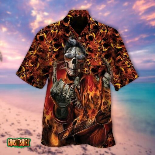 Rock And Roll Fire Skull Halloween Aloha Hawaiian Shirt