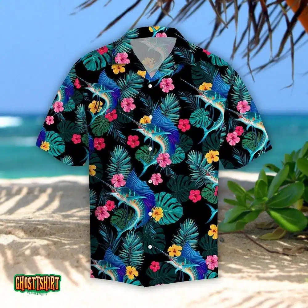 Sailfishs Hibiscus Tropical Blue Aloha Hawaiian Shirt