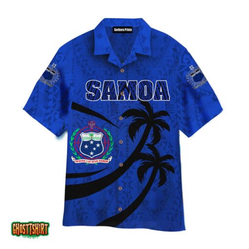 Samoa Polynesian Palm Tree Pattern Blue Aloha Hawaiian Shirt