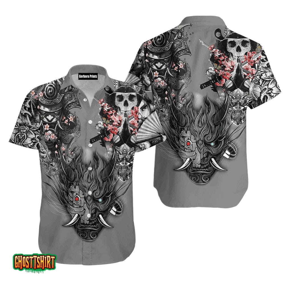 Samurai Oni Mask Tattoo Grey Aloha Hawaiian Shirt