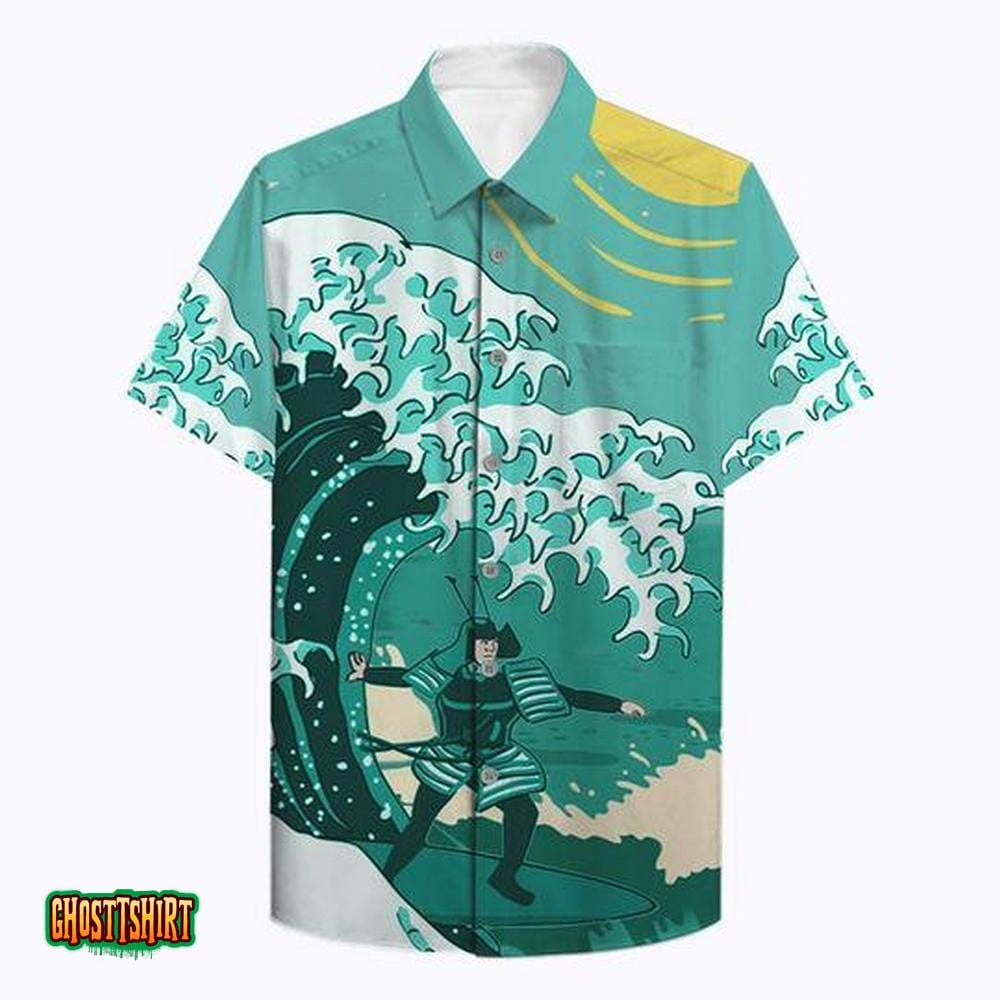 Samurai Surfing Wave Pattern Green Aloha Hawaiian Shirt