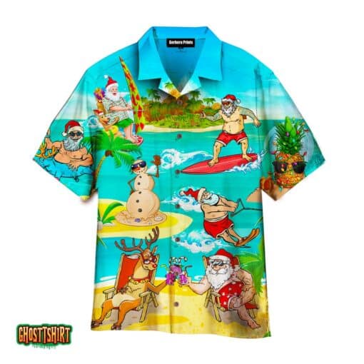 Santa Claus And Reindeer Go To Sea Amazing Santa Claus Holiday Summer Blue Aloha Hawaiian Shirt