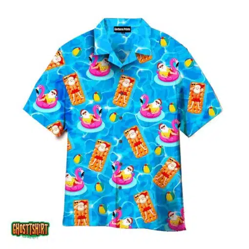 Santa Claus In Swimming Pool Flamingo Float Pattern Blue Aloha Hawaiian Shirt
