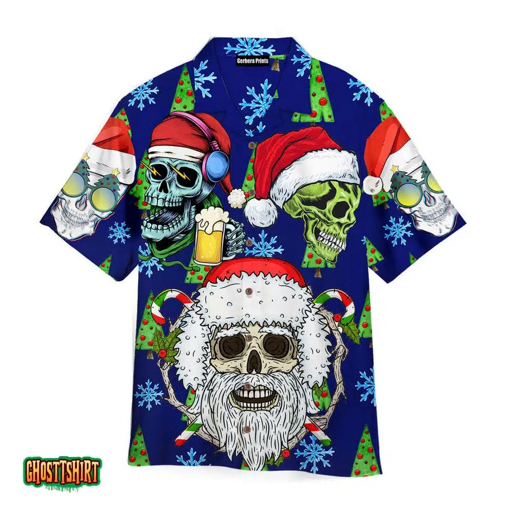 Santa Claus Skeleton Skull Christmas Loves Beer Aloha Hawaiian Shirt