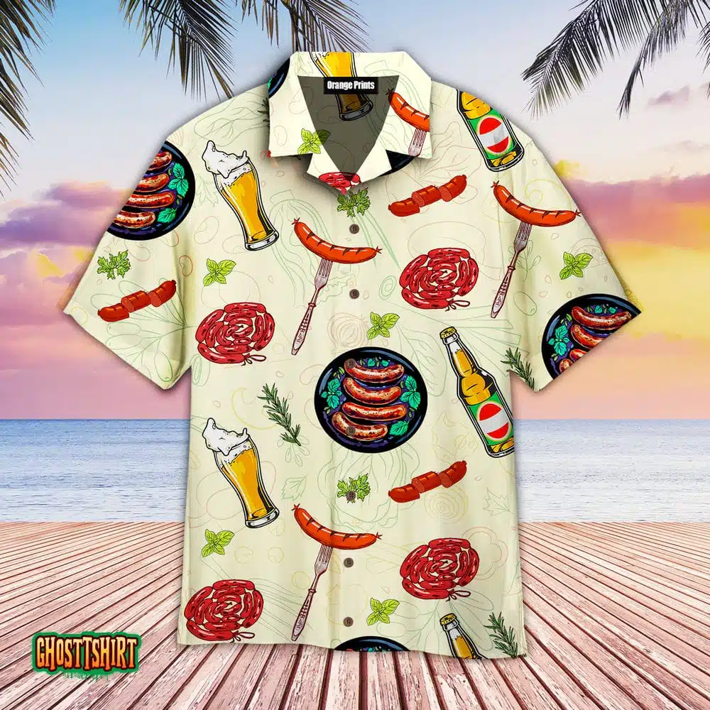 Sausages And Beer Big Set Of Barbeque Party Food Aloha Hawaiian Shirt