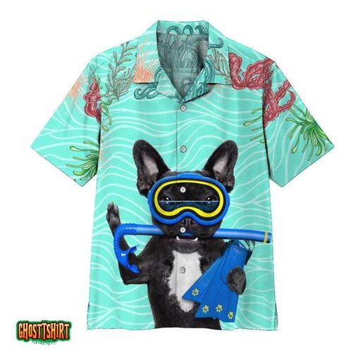Scuba Diving French Bull Dog Blue Aloha Hawaiian Shirt