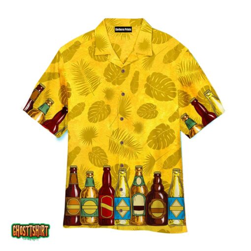 Set Beer Tropical Leaves Pattern Yellow Aloha Hawaiian Shirt