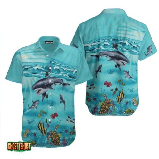 Shark Turtle Blue Aloha Hawaiian Shirt